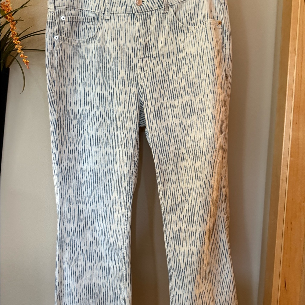 Anthropologie Pilcro Cropped White and Blue Patterned Jeans